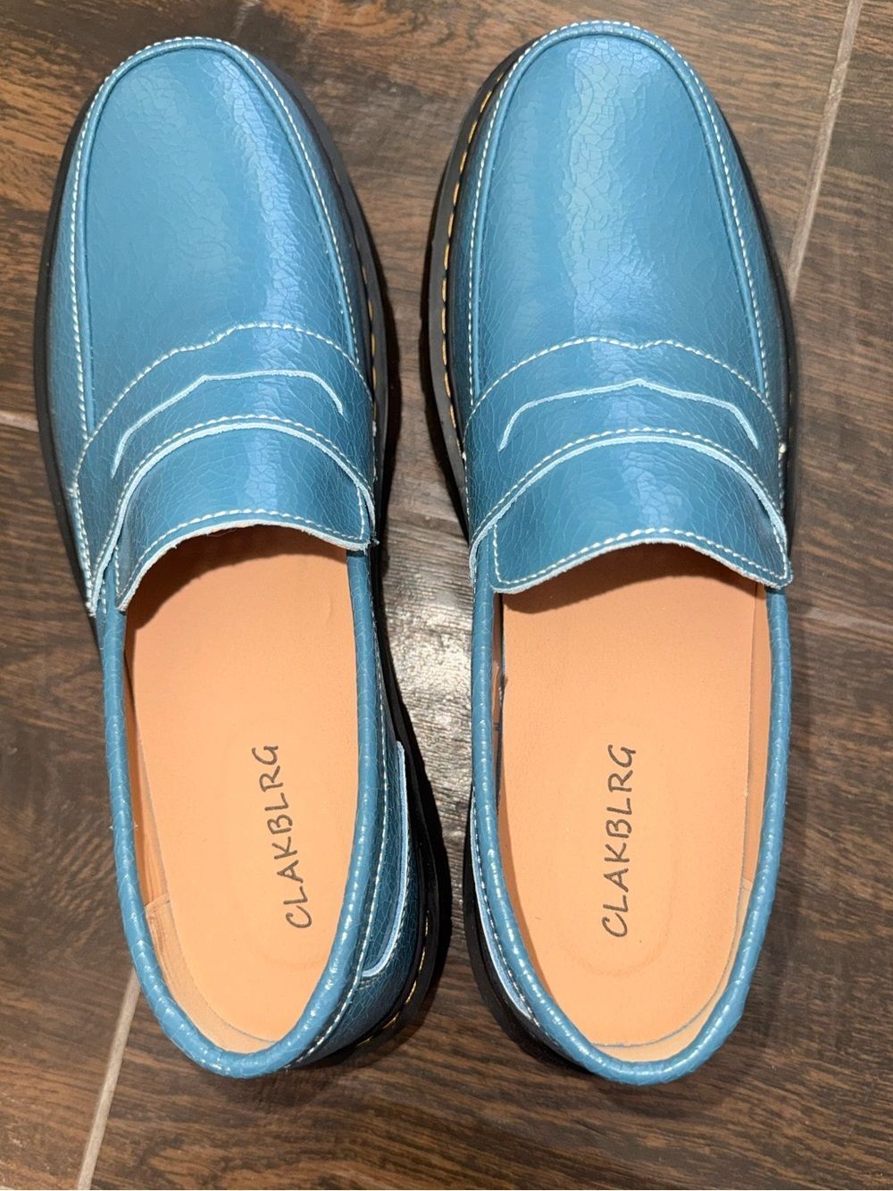 CLAKBLRG Blue Leather Penny Loafers Slip On Chunky Driving Flats Shoes Size 10